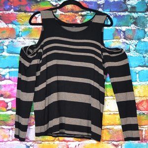 Cable & Gauge Black & Tan Striped Cold Shoulder Long Sleeve Top Size L